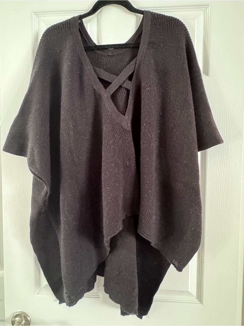 Women’s Black Knit Poncho with Crisscross V-Neck